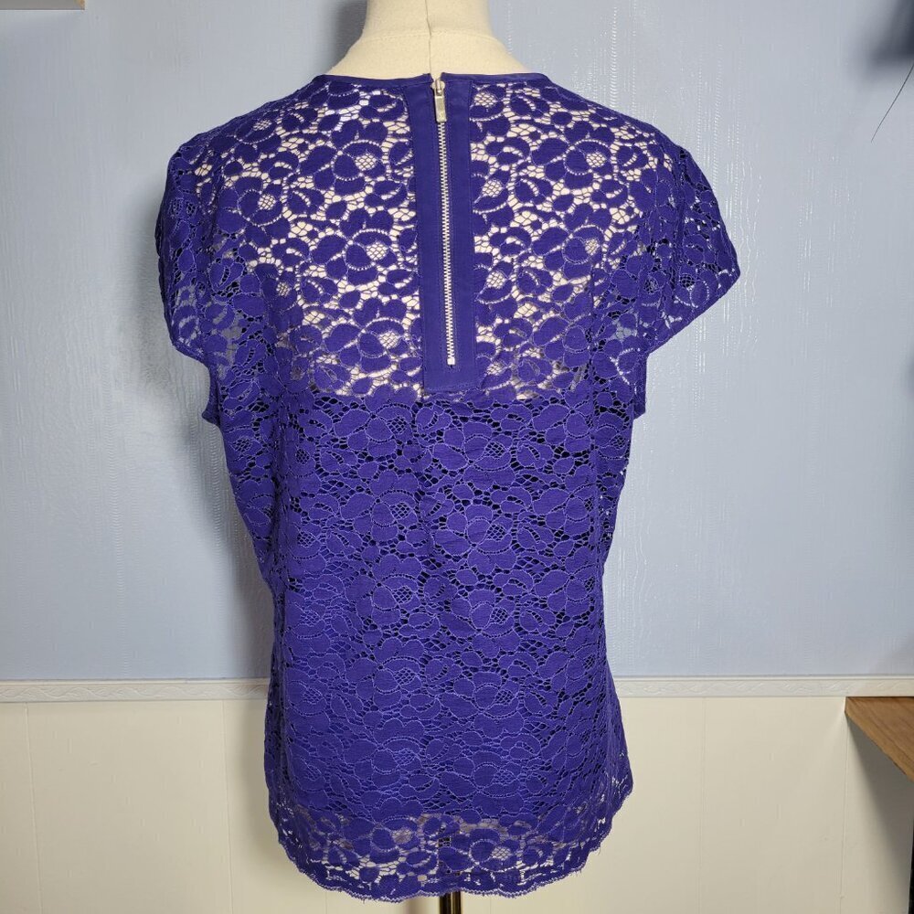 Liz Claiborne Petite Large Blue Lace Overlay Lined Tank Top Cap Sleeve Blouse - Picture 7 of 10